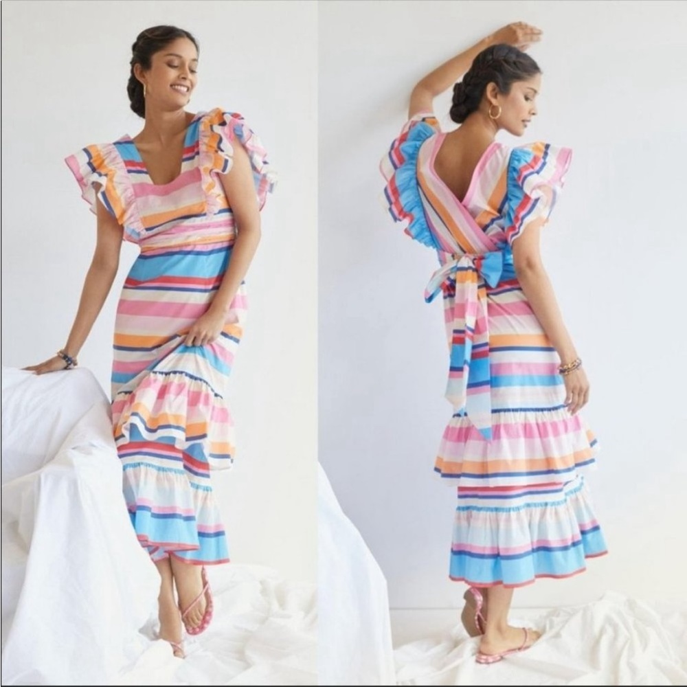 ANTHROPOLOGIE NWT PLENTY by TRACY REESE Rainbow Stripe Flutter Sleeve Maxi Dress - Picture 5 of 11